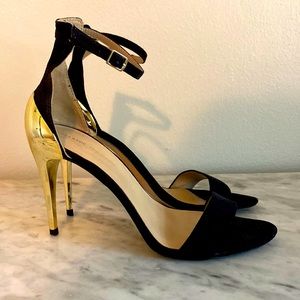⭐️ Zara Ankle Strap Black Suede Stiletto with Gold Heel